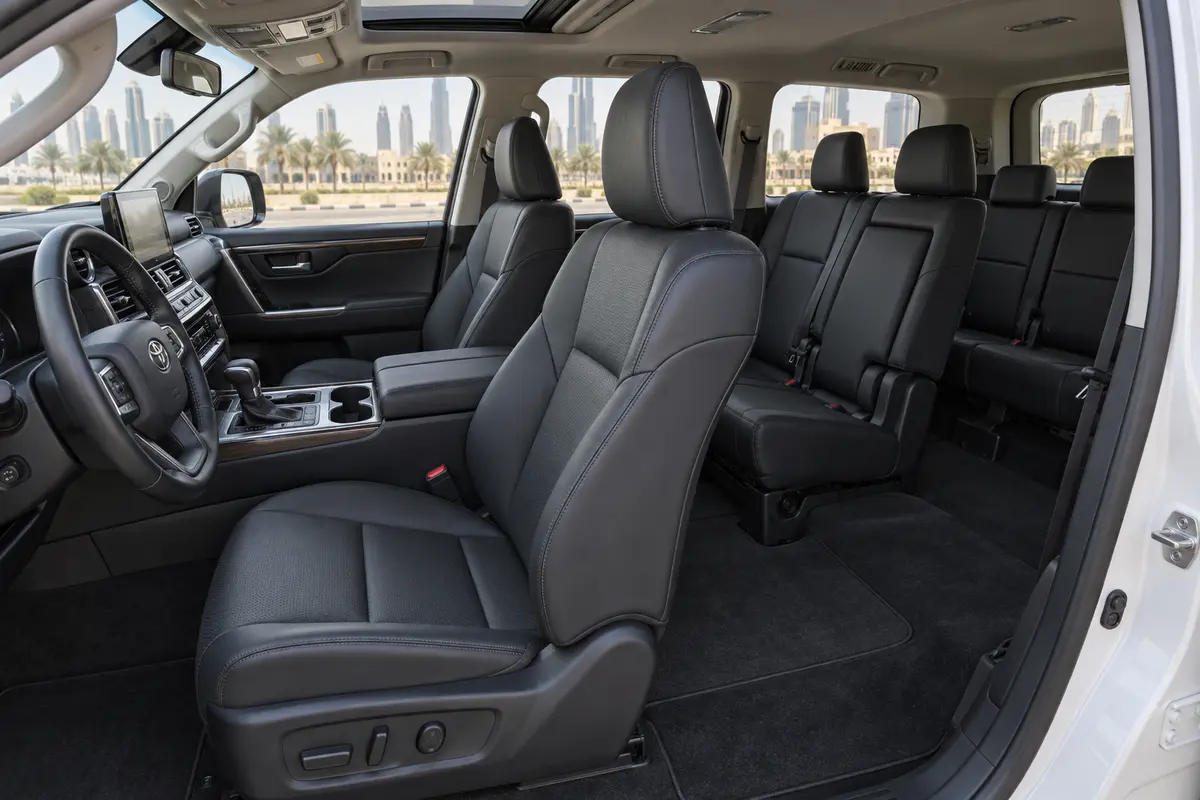 Toyota Land Cruiser 2023 interior and passenger seating for rental in Jordan