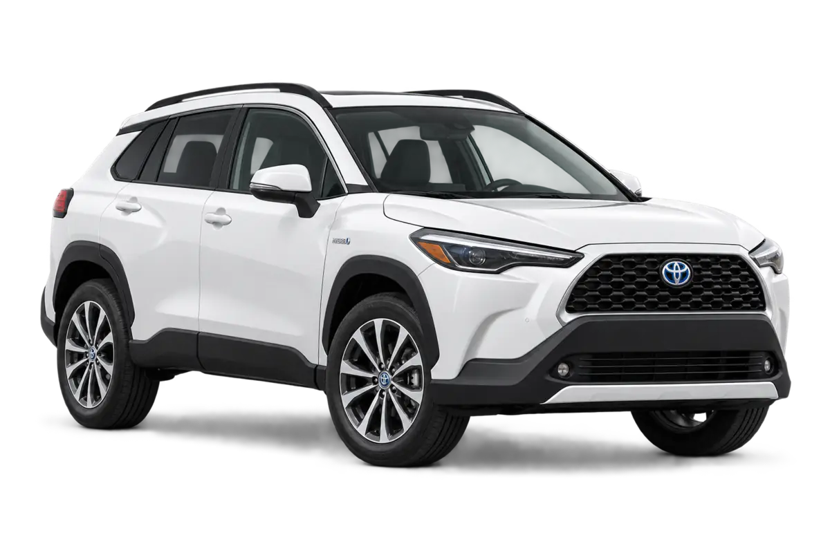 White Toyota Corolla Cross Hybrid rental vehicle in Jordan